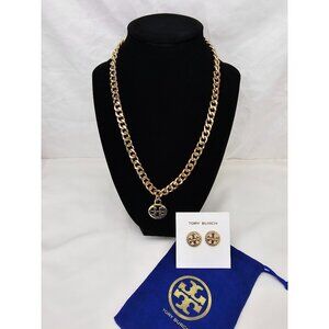 Tory Burch Gold Logo Chunky Chain Necklace + Earring COMBO